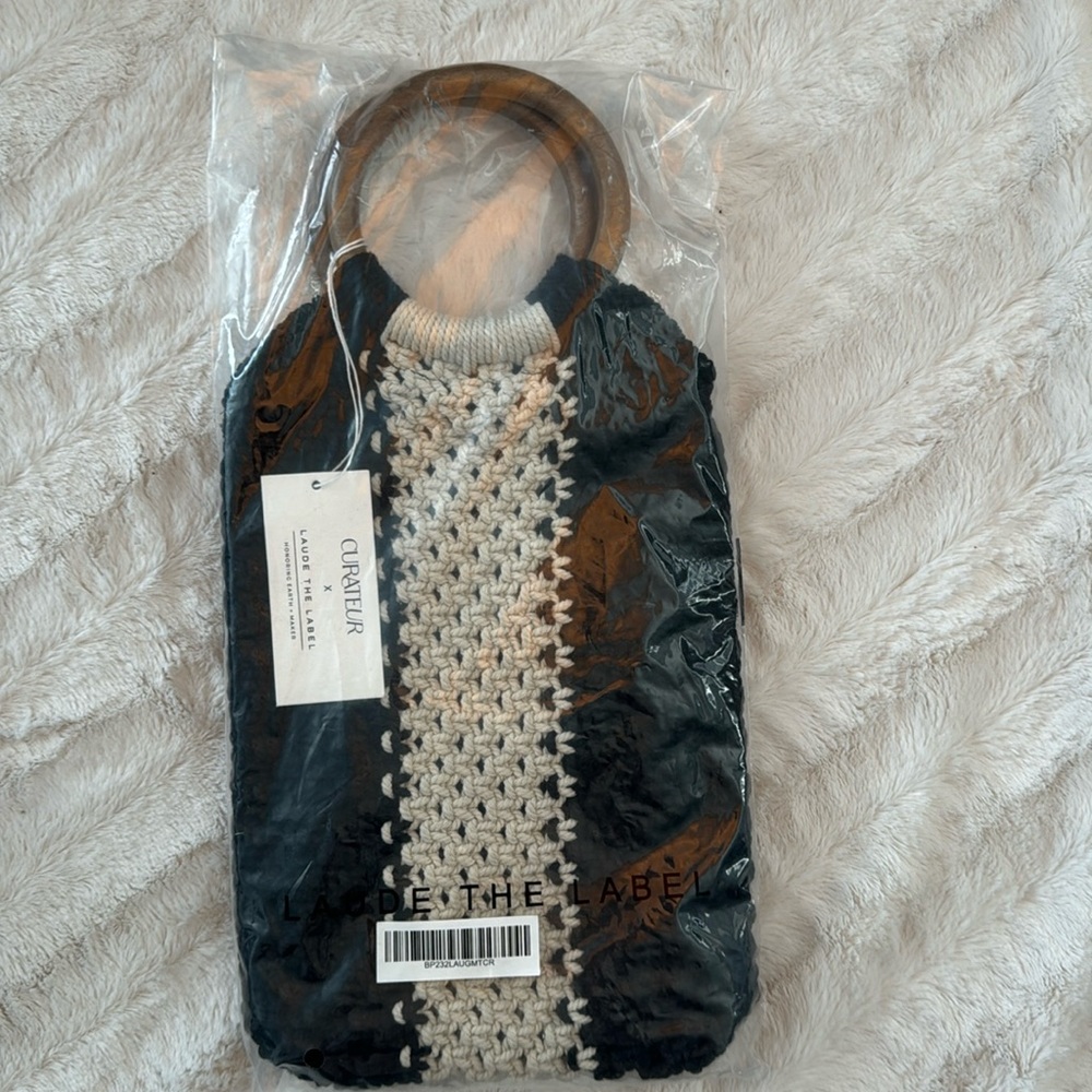 Laude the Label NWT The Gabby Macrame Bag 100% Cotton Black Cream Crochet Purse - Picture 2 of 4